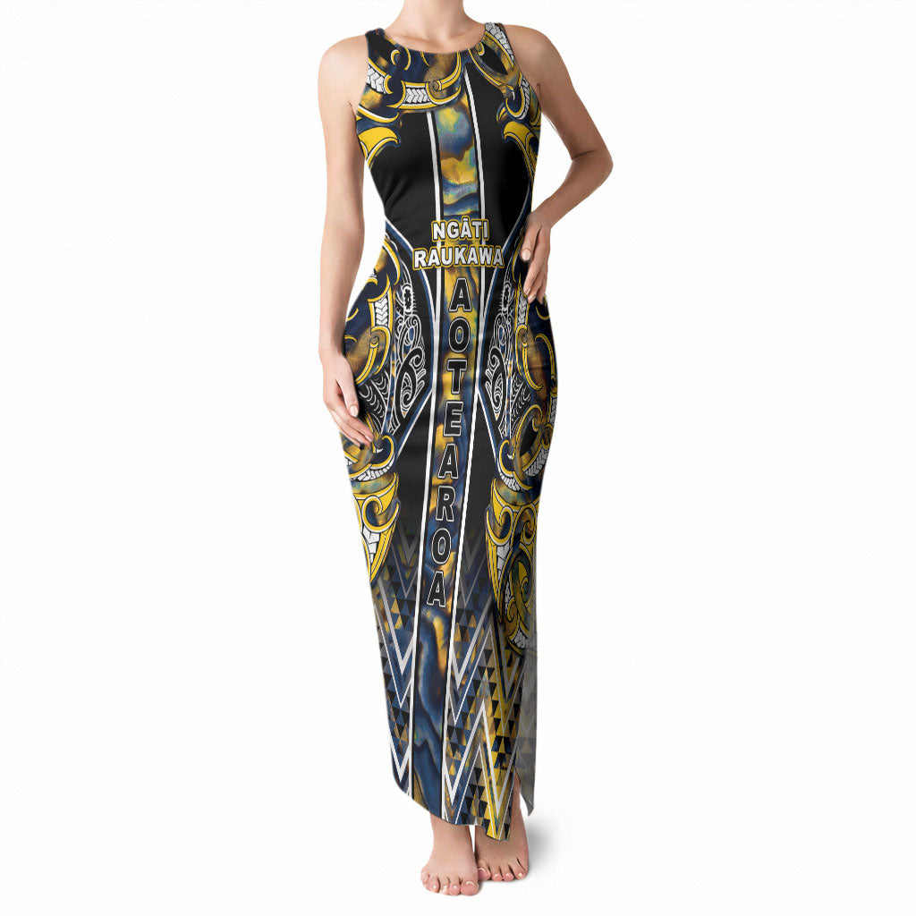 Aotearoa Ngati Raukawa Tank Maxi Dress Maori Tribal Yellow And Navy Paua Shell Pattern