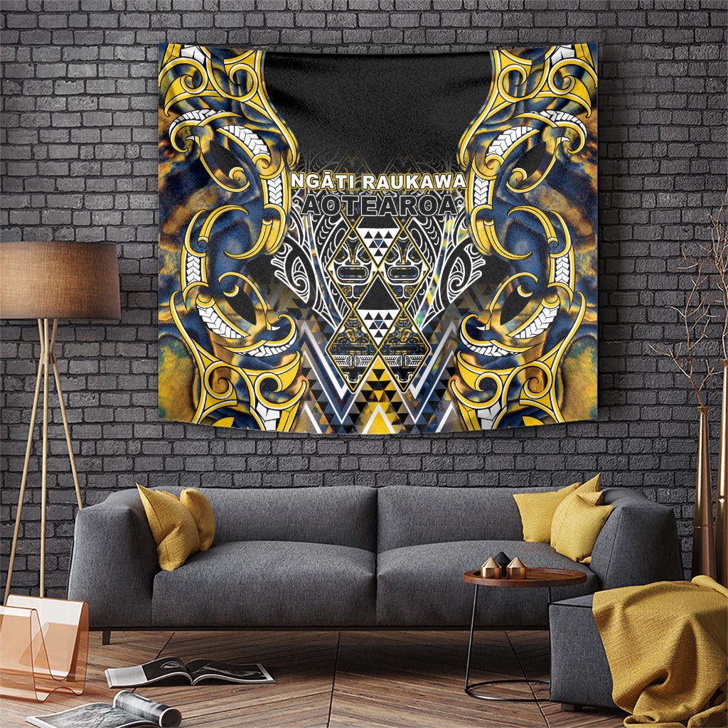 Aotearoa Ngati Raukawa Tapestry Maori Tribal Yellow And Navy Paua Shell Pattern DT05 Yellow - Polynesian Pride