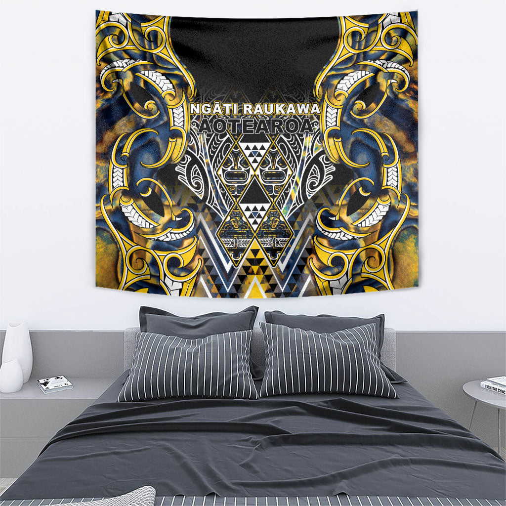 Aotearoa Ngati Raukawa Tapestry Maori Tribal Yellow And Navy Paua Shell Pattern
