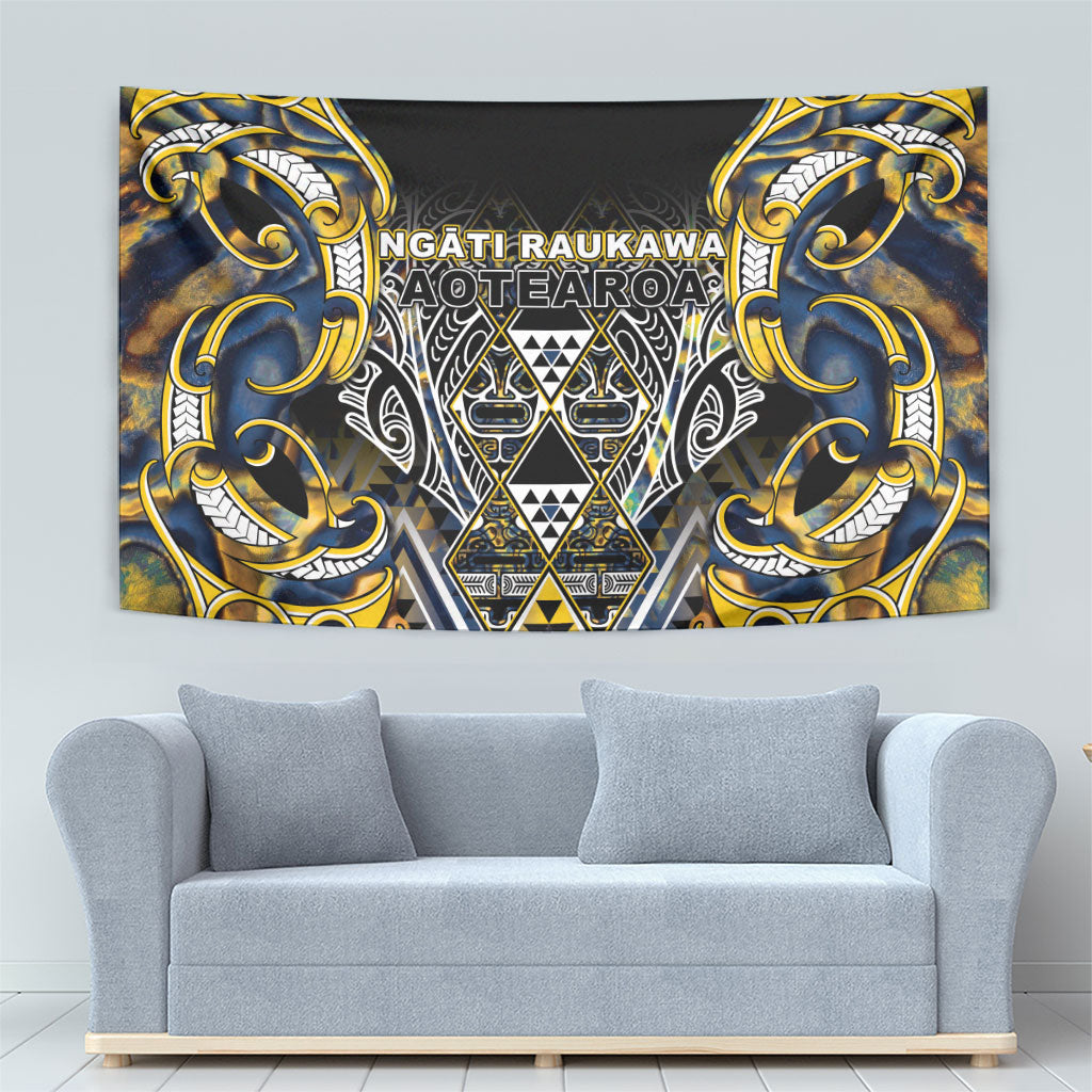 Aotearoa Ngati Raukawa Tapestry Maori Tribal Yellow And Navy Paua Shell Pattern