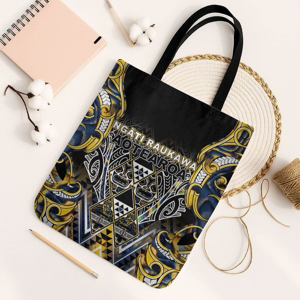 Aotearoa Ngati Raukawa Tote Bag Maori Tribal Yellow And Navy Paua Shell Pattern DT05 Black Strap One Size Yellow - Polynesian Pride