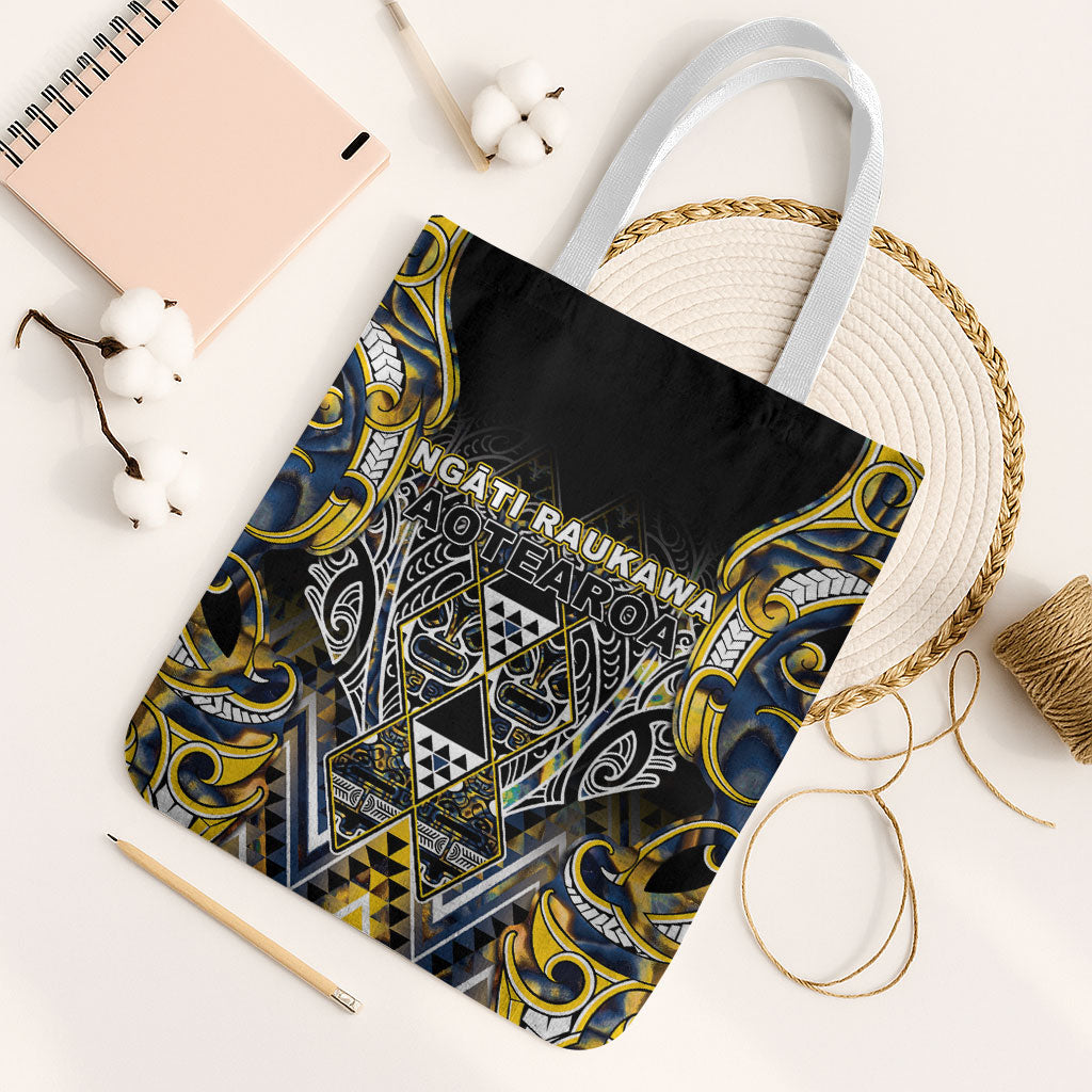 Aotearoa Ngati Raukawa Tote Bag Maori Tribal Yellow And Navy Paua Shell Pattern