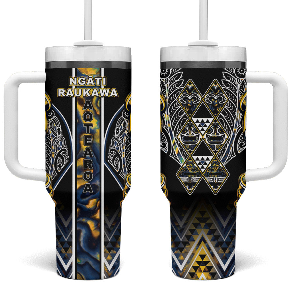 Aotearoa Ngati Raukawa Tumbler With Handle Maori Tribal Yellow And Navy Paua Shell Pattern