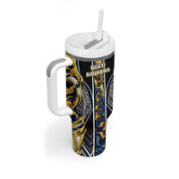 Aotearoa Ngati Raukawa Tumbler With Handle Maori Tribal Yellow And Navy Paua Shell Pattern