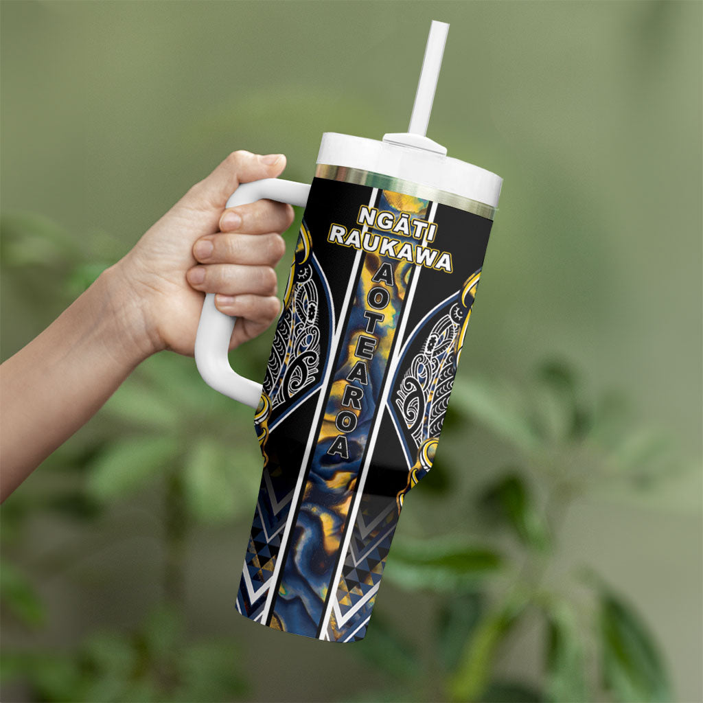 Aotearoa Ngati Raukawa Tumbler With Handle Maori Tribal Yellow And Navy Paua Shell Pattern