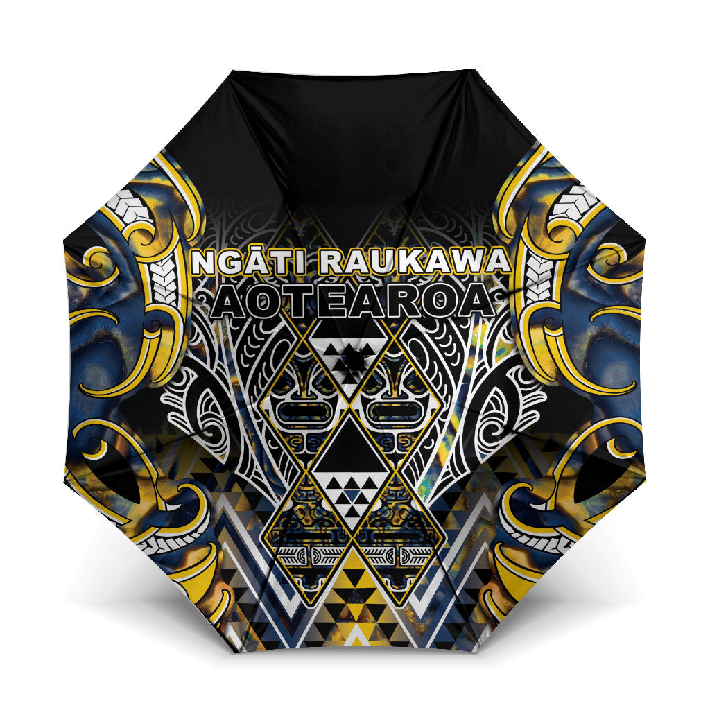 Aotearoa Ngati Raukawa Umbrella Maori Tribal Yellow And Navy Paua Shell Pattern