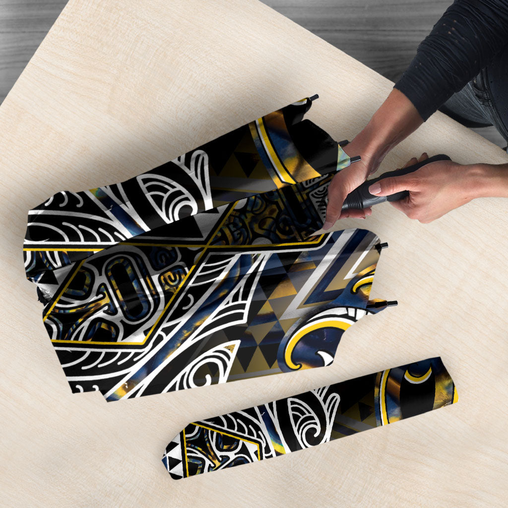 Aotearoa Ngati Raukawa Umbrella Maori Tribal Yellow And Navy Paua Shell Pattern