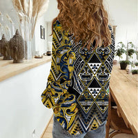 Aotearoa Ngati Raukawa Women Casual Shirt Maori Tribal Yellow And Navy Paua Shell Pattern