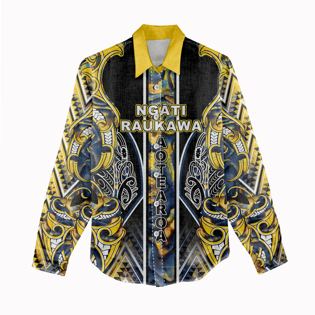 Aotearoa Ngati Raukawa Women Casual Shirt Maori Tribal Yellow And Navy Paua Shell Pattern