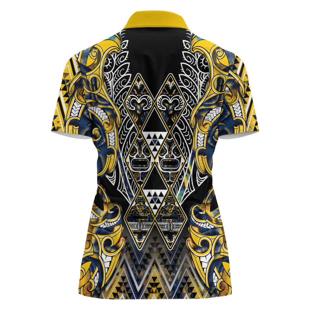 Aotearoa Ngati Raukawa Women Polo Shirt Maori Tribal Yellow And Navy Paua Shell Pattern