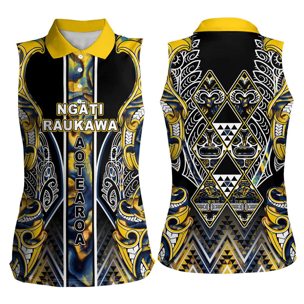 Aotearoa Ngati Raukawa Women Sleeveless Polo Shirt Maori Tribal Yellow And Navy Paua Shell Pattern