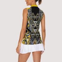 Aotearoa Ngati Raukawa Women Sleeveless Polo Shirt Maori Tribal Yellow And Navy Paua Shell Pattern