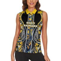 Aotearoa Ngati Raukawa Women Sleeveless Polo Shirt Maori Tribal Yellow And Navy Paua Shell Pattern