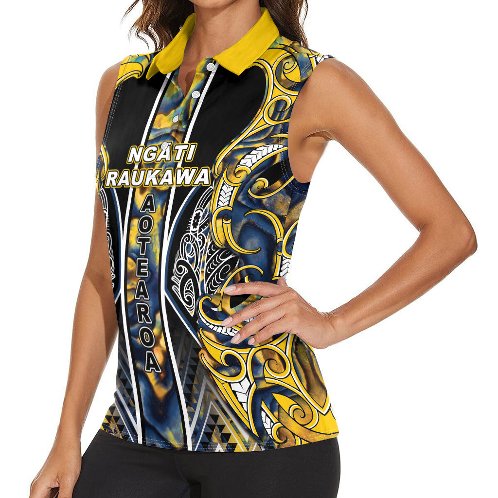 Aotearoa Ngati Raukawa Women Sleeveless Polo Shirt Maori Tribal Yellow And Navy Paua Shell Pattern