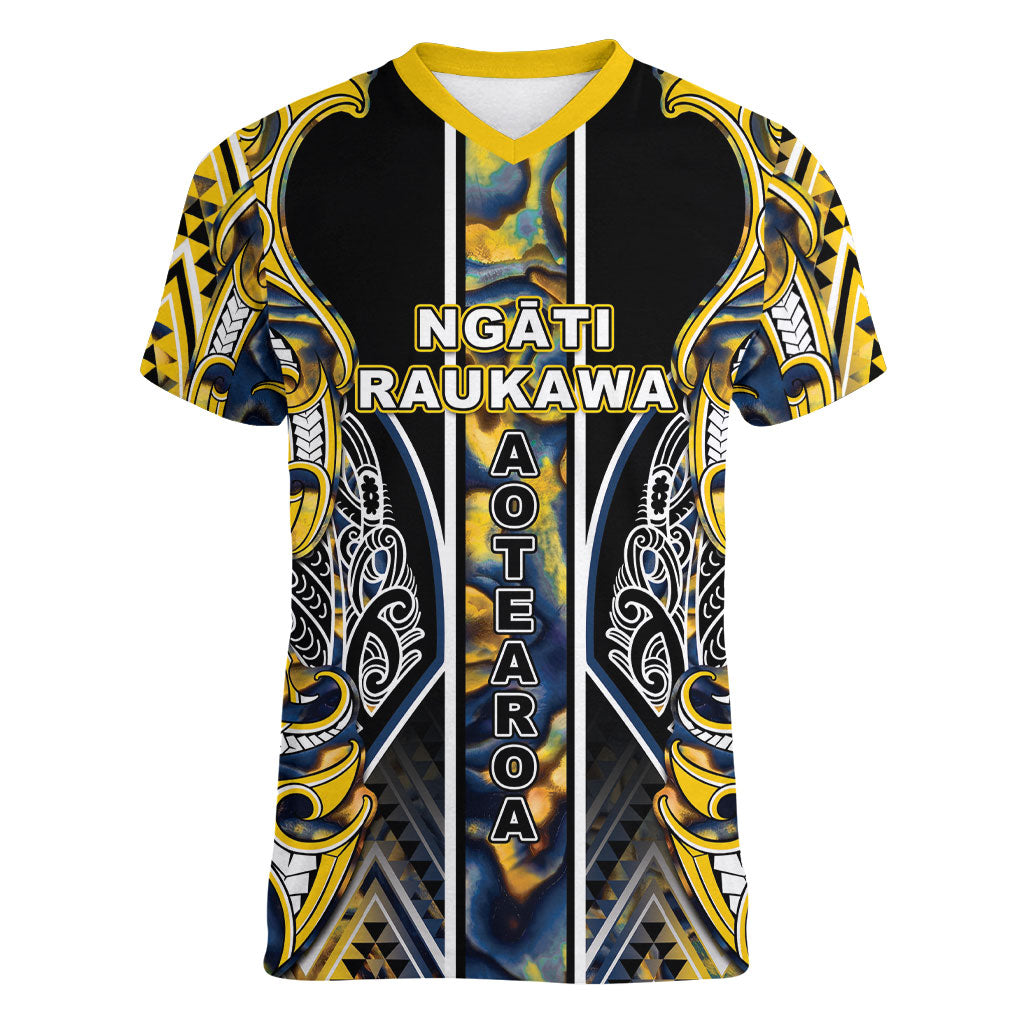 Aotearoa Ngati Raukawa Women V-Neck T-Shirt Maori Tribal Yellow And Navy Paua Shell Pattern