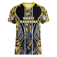 Aotearoa Ngati Raukawa Women V-Neck T-Shirt Maori Tribal Yellow And Navy Paua Shell Pattern