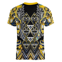 Aotearoa Ngati Raukawa Women V-Neck T-Shirt Maori Tribal Yellow And Navy Paua Shell Pattern