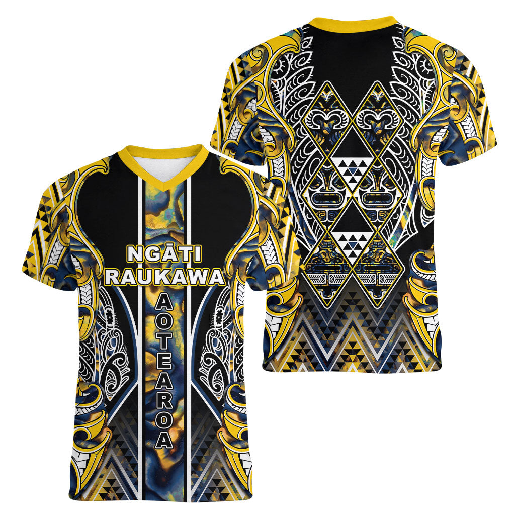 Aotearoa Ngati Raukawa Women V-Neck T-Shirt Maori Tribal Yellow And Navy Paua Shell Pattern