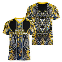 Aotearoa Ngati Raukawa Women V-Neck T-Shirt Maori Tribal Yellow And Navy Paua Shell Pattern