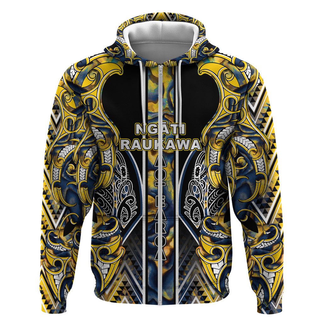 Aotearoa Ngati Raukawa Zip Hoodie Maori Tribal Yellow And Navy Paua Shell Pattern