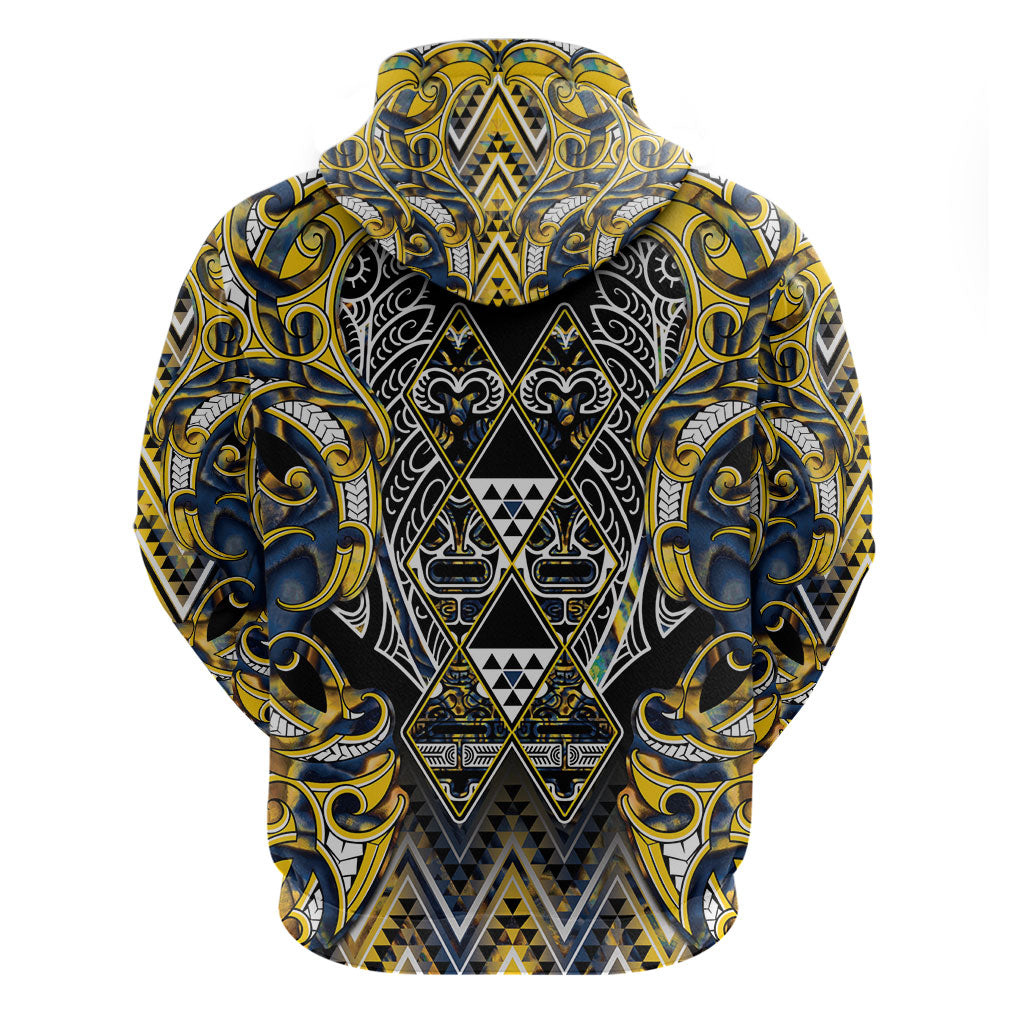 Aotearoa Ngati Raukawa Zip Hoodie Maori Tribal Yellow And Navy Paua Shell Pattern