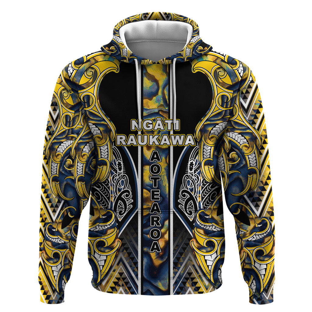 Aotearoa Ngati Raukawa Zip Hoodie Maori Tribal Yellow And Navy Paua Shell Pattern
