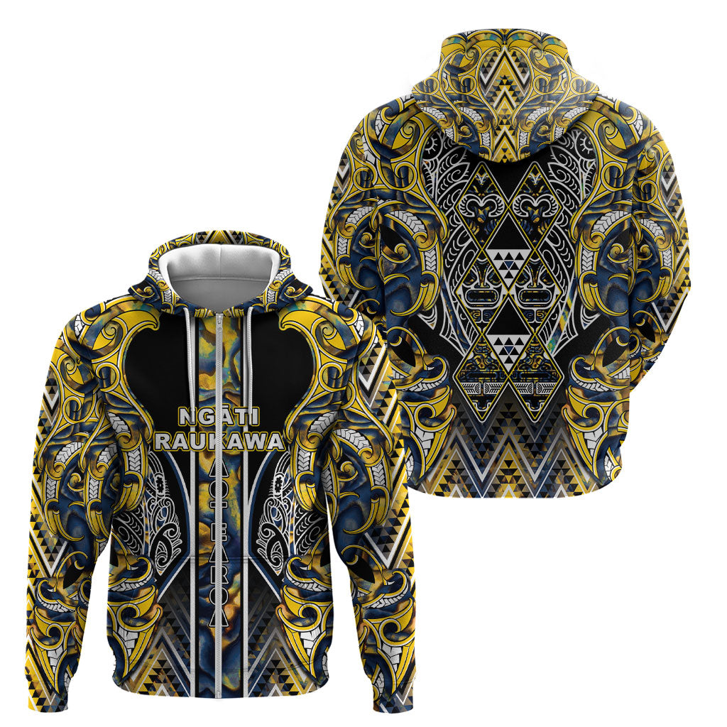 Aotearoa Ngati Raukawa Zip Hoodie Maori Tribal Yellow And Navy Paua Shell Pattern