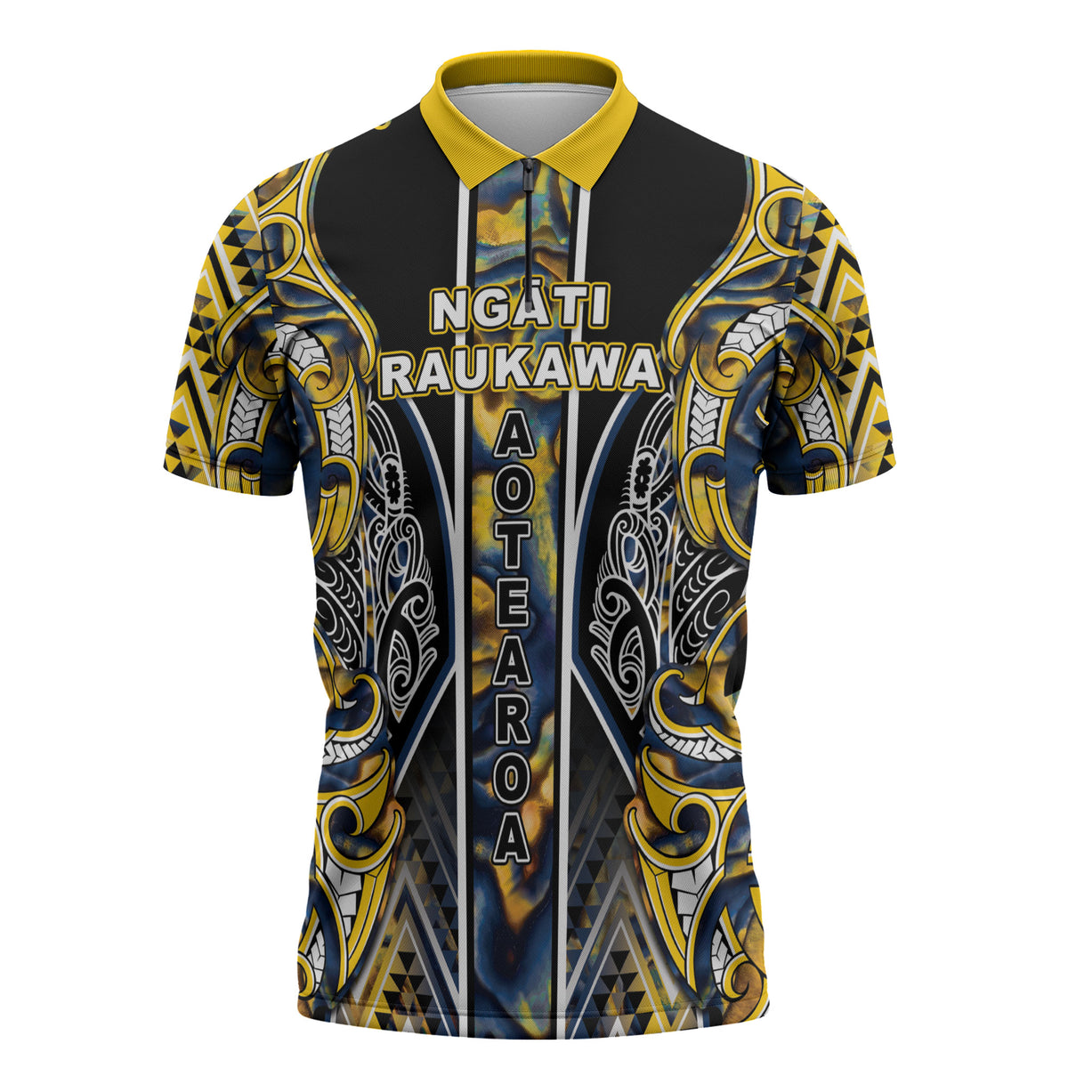 Aotearoa Ngati Raukawa Zipper Polo Shirt Maori Tribal Yellow And Navy Paua Shell Pattern