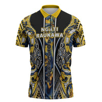 Aotearoa Ngati Raukawa Zipper Polo Shirt Maori Tribal Yellow And Navy Paua Shell Pattern