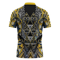 Aotearoa Ngati Raukawa Zipper Polo Shirt Maori Tribal Yellow And Navy Paua Shell Pattern