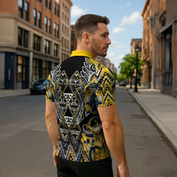 Aotearoa Ngati Raukawa Zipper Polo Shirt Maori Tribal Yellow And Navy Paua Shell Pattern