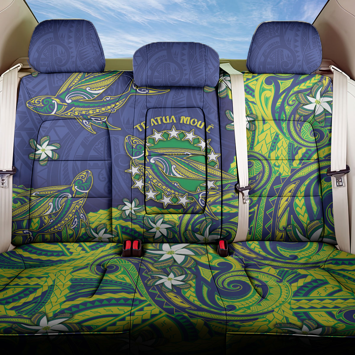 Cook Islands Language Week Back Car Seat Cover Flying Fish 15 Stars Tribal Patterns DT05 One Size Green - Polynesian Pride