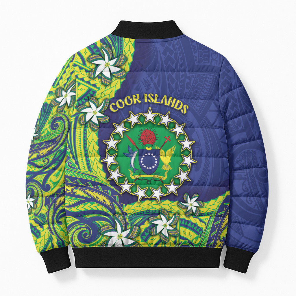 Cook Islands Language Week Bomber Puffer Jacket Flying Fish 15 Stars Tribal Patterns