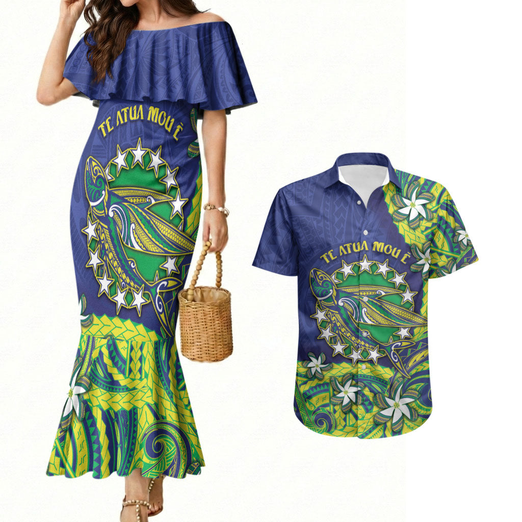 Cook Islands Language Week Couples Matching Mermaid Dress and Hawaiian Shirt Flying Fish 15 Stars Tribal Patterns DT05 Green - Polynesian Pride