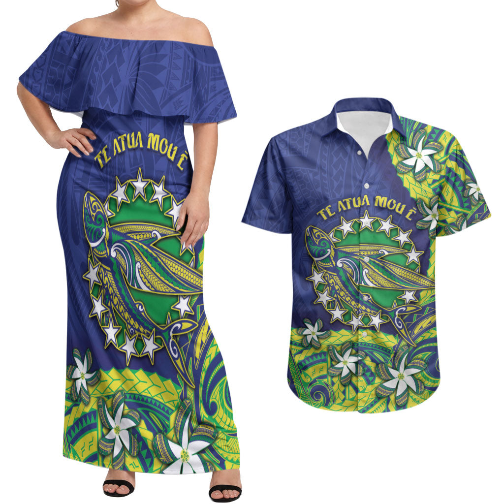 Cook Islands Language Week Couples Matching Off Shoulder Maxi Dress and Hawaiian Shirt Flying Fish 15 Stars Tribal Patterns