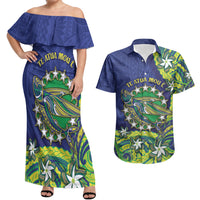 Cook Islands Language Week Couples Matching Off Shoulder Maxi Dress and Hawaiian Shirt Flying Fish 15 Stars Tribal Patterns