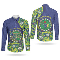 Cook Islands Language Week Couples Matching Off Shoulder Maxi Dress and Long Sleeve Button Shirt Flying Fish 15 Stars Tribal Patterns