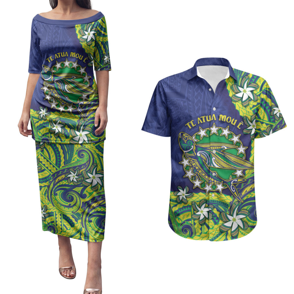 Cook Islands Language Week Couples Matching Puletasi and Hawaiian Shirt Flying Fish 15 Stars Tribal Patterns DT05 Green - Polynesian Pride
