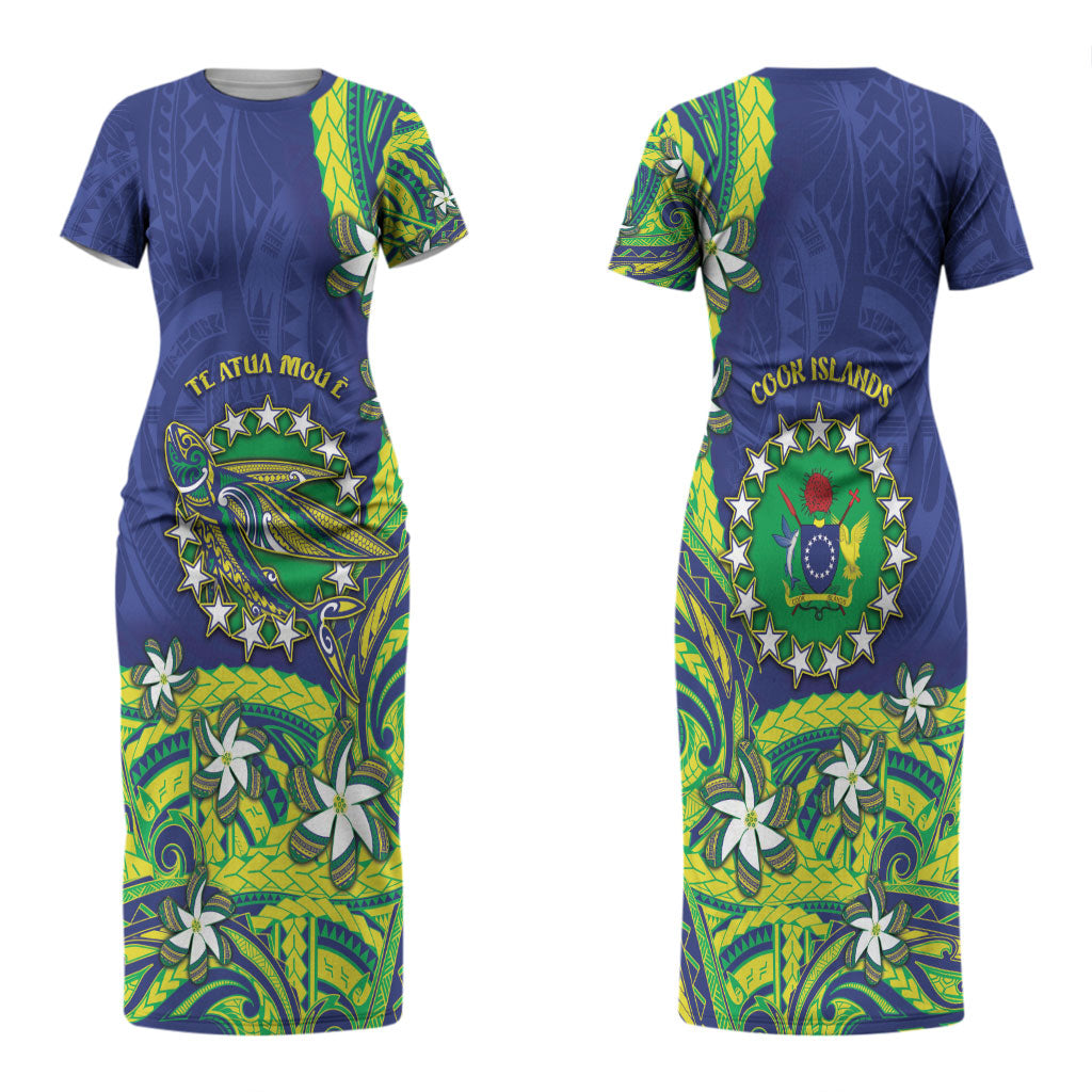 Cook Islands Language Week Couples Matching Short Sleeve Bodycon Dress and Hawaiian Shirt Flying Fish 15 Stars Tribal Patterns