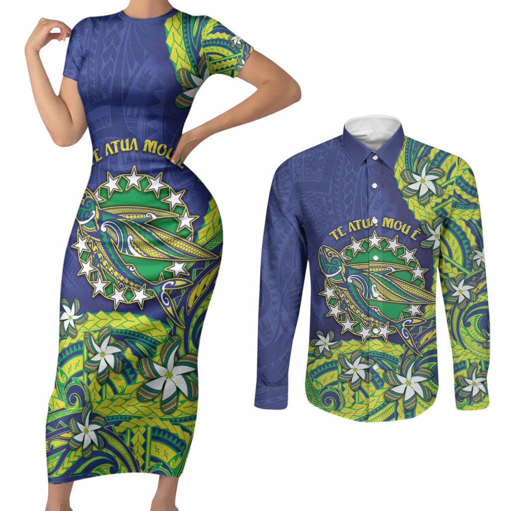 Cook Islands Language Week Couples Matching Short Sleeve Bodycon Dress and Long Sleeve Button Shirt Flying Fish 15 Stars Tribal Patterns