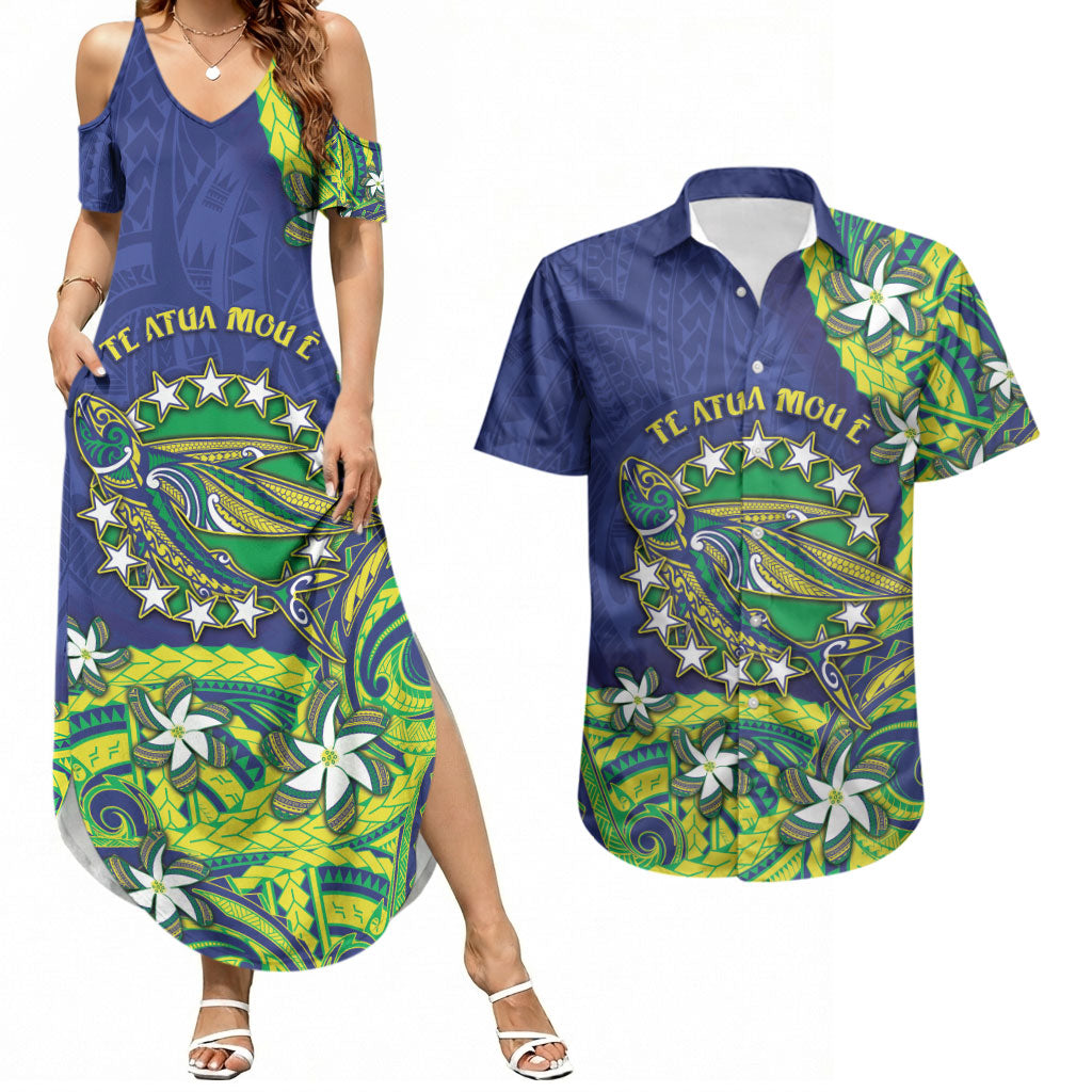 Cook Islands Language Week Couples Matching Summer Maxi Dress and Hawaiian Shirt Flying Fish 15 Stars Tribal Patterns DT05 Green - Polynesian Pride