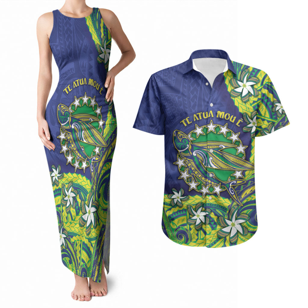 Cook Islands Language Week Couples Matching Tank Maxi Dress and Hawaiian Shirt Flying Fish 15 Stars Tribal Patterns