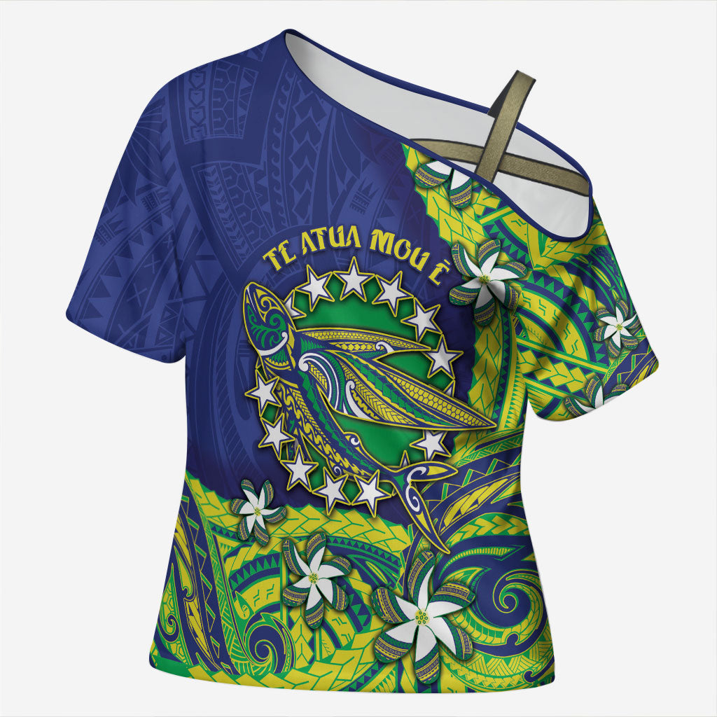 Cook Islands Language Week Cross Shoulder Shirt Flying Fish 15 Stars Tribal Patterns DT05 Female Green - Polynesian Pride