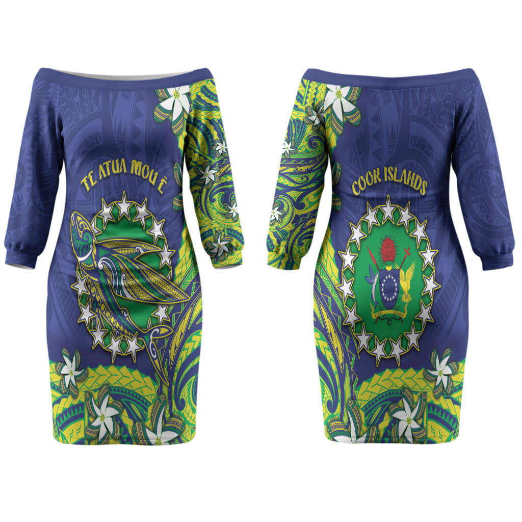 Cook Islands Language Week Family Matching Off The Shoulder Long Sleeve Dress and Hawaiian Shirt Flying Fish 15 Stars Tribal Patterns