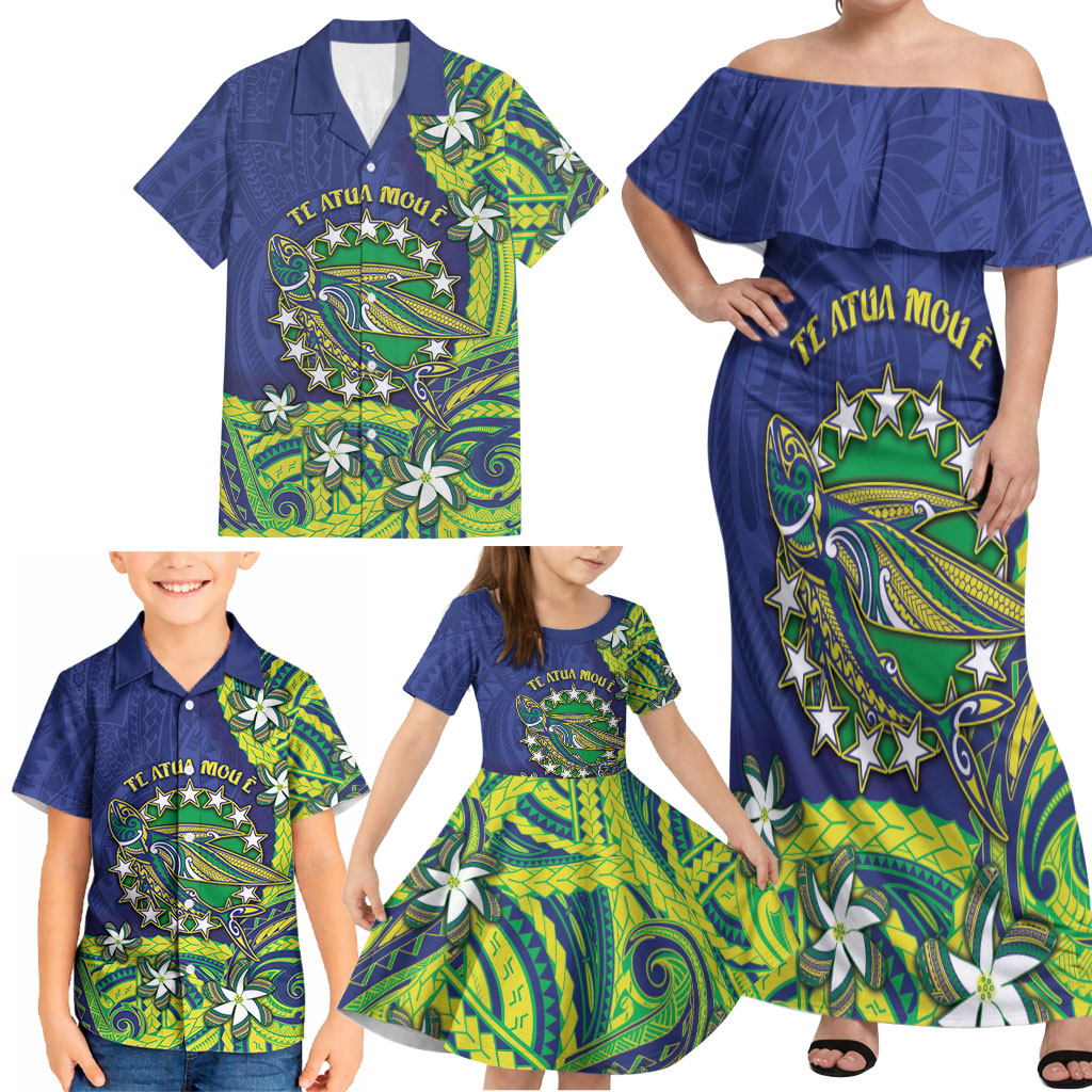 Cook Islands Language Week Family Matching Off Shoulder Maxi Dress and Hawaiian Shirt Flying Fish 15 Stars Tribal Patterns