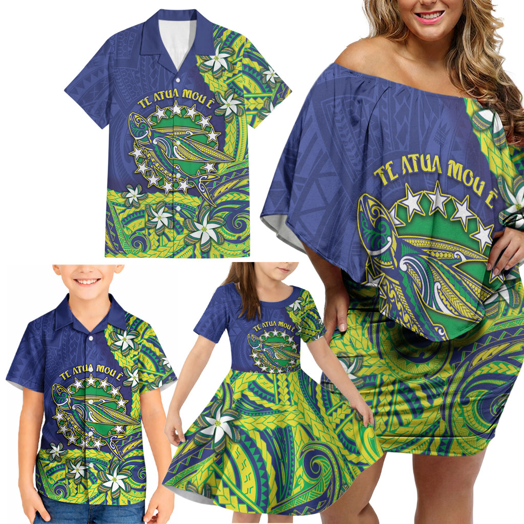 Cook Islands Language Week Family Matching Off Shoulder Short Dress and Hawaiian Shirt Flying Fish 15 Stars Tribal Patterns