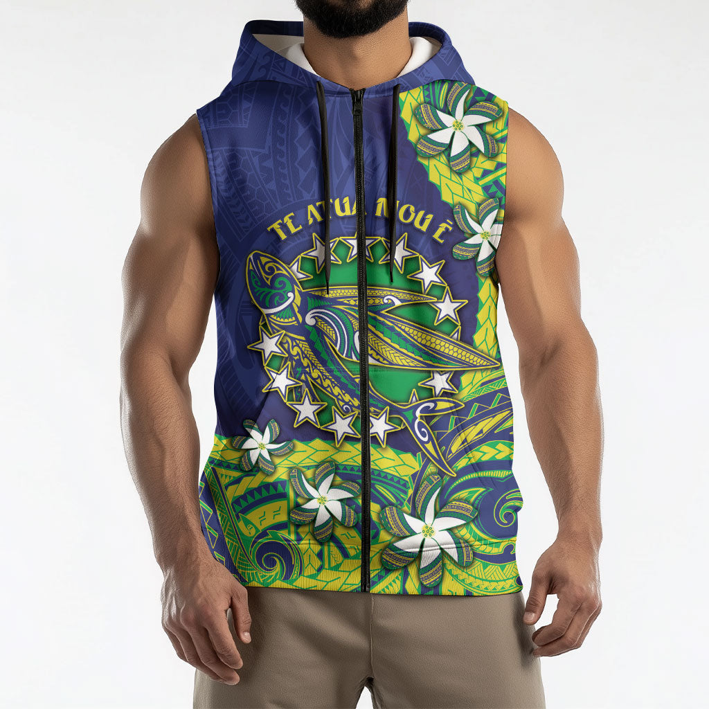 Cook Islands Language Week Sleeveless Zip Hoodie Flying Fish 15 Stars Tribal Patterns