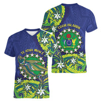 Cook Islands Language Week Women V-Neck T-Shirt Flying Fish 15 Stars Tribal Patterns