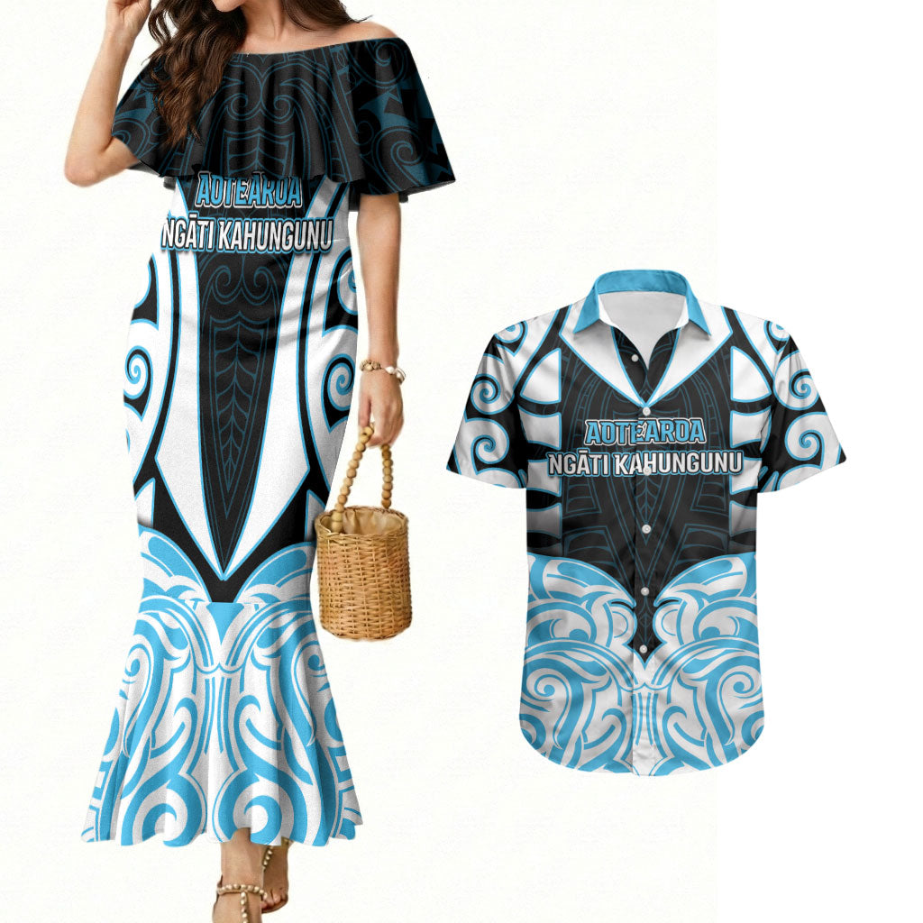Custom Aotearoa Ngati Kahungunu Couples Matching Mermaid Dress and Hawaiian Shirt New Zealand Traditional Maori Pattern DT05 Blue - Polynesian Pride