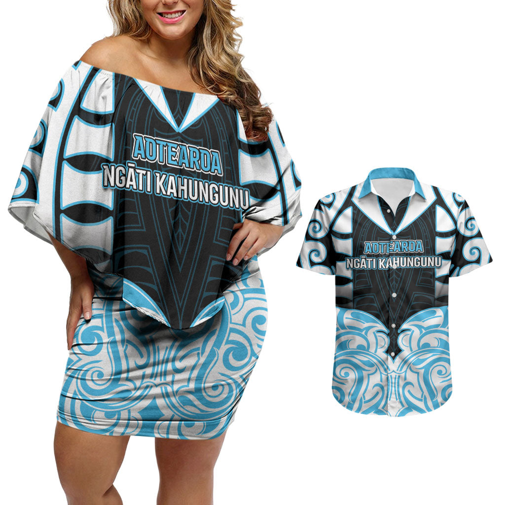 Custom Aotearoa Ngati Kahungunu Couples Matching Off Shoulder Short Dress and Hawaiian Shirt New Zealand Traditional Maori Pattern DT05 Blue - Polynesian Pride